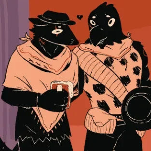 Two trans masc outlaws gazing at a town, the scene from the romance visual novel Lookouts.